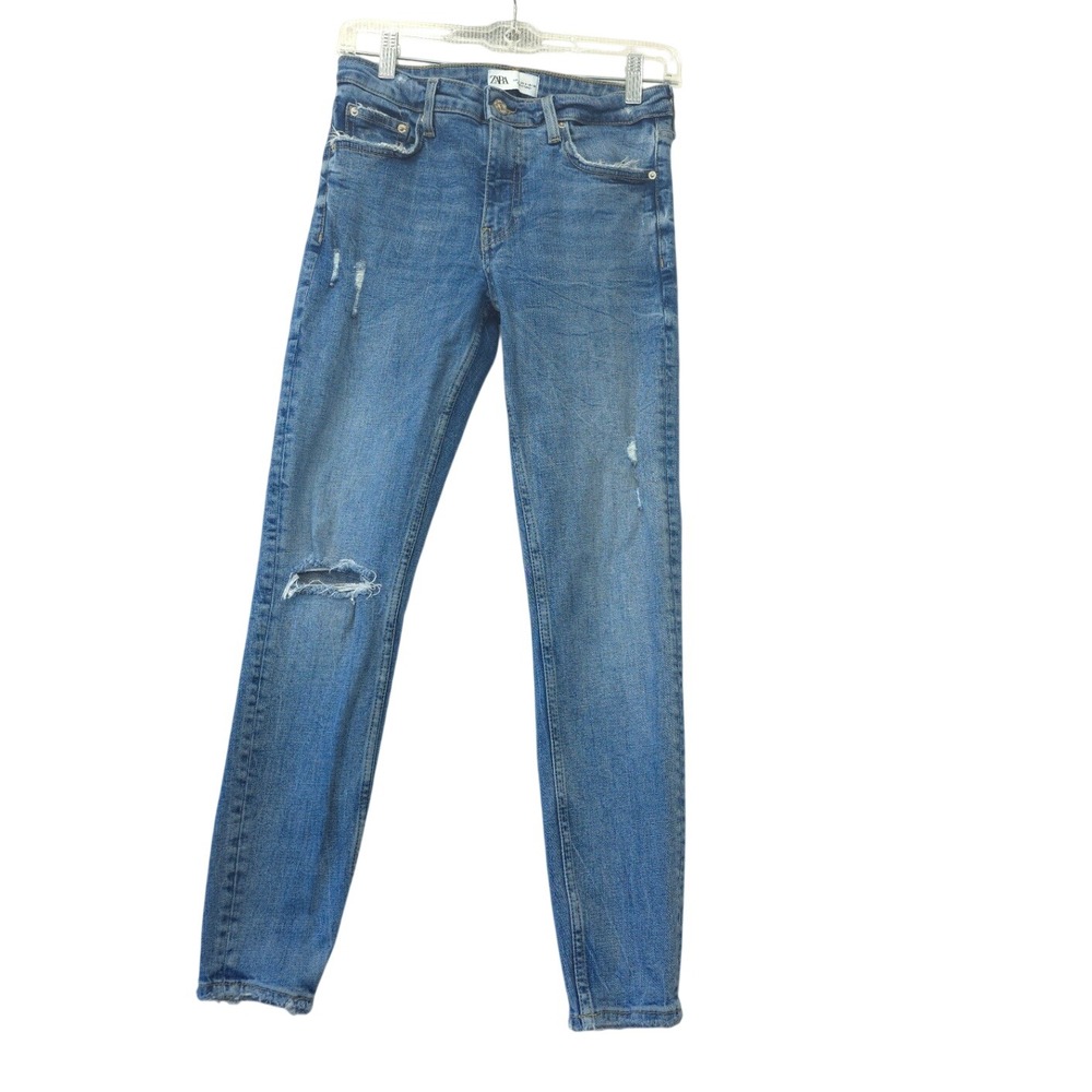 Zara Premium Denim Skinny Jeans Blue Distressed Raw Hem Womens Size 6 US 28 Edgy